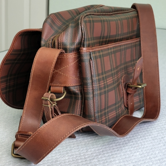 Vintage Polo Ralph Lauren Brown Coated Canvas Plaid Crossbody Bag Satchel Travel - Picture 3 of 12